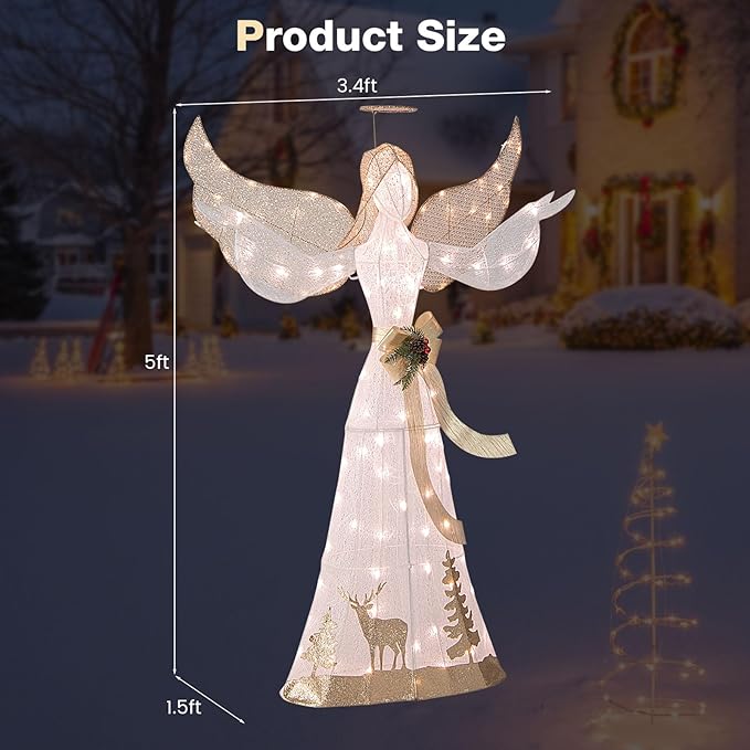 Tangkula 5 FT Lighted Christmas Angel, Outdoor Pre-lit 3D Glittered Angel with 100 Warm White Lights, Halo, Bow, Ground Stakes, Outdoor Christmas Decoration for Lawn Yard Garden