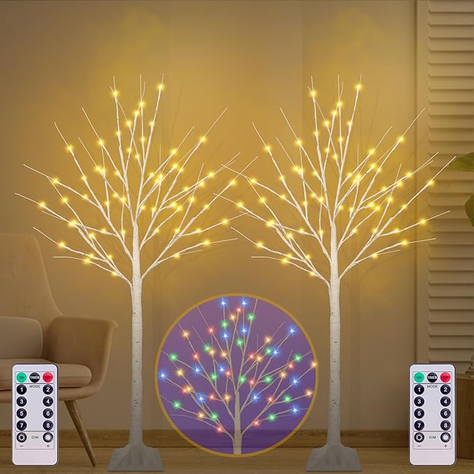 4FT Lighted Birch Tree with 60 LED Warm White and Multicolor Lights, 8 Modes, Timer Remote Faux Light Up Twig Christmas Tree for Indoor Outdoor Xmas Holiday Party Garden Decoration (2 Pack)