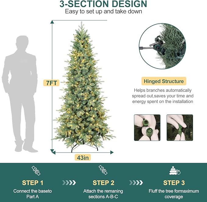 7 FT Prelit Artificial Skinny Christmas Tree,Blue Spruce Slim Pencil Xmas Tree with 1552 PE&PVC Mixed Branch Tips and 400 UL Listed Clear Lights,Hinged Pine Tree with Metal Stand for Home Office Décor
