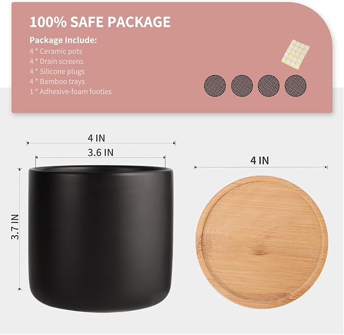 OMAYKEY 4 Inch Ceramic Plant Pot with Saucer, Black Planters Pots with Drainage Hole and Mesh Pads for Succulent, Snake, Cactus, Herbs - 4 Packs(Plant Not Included)