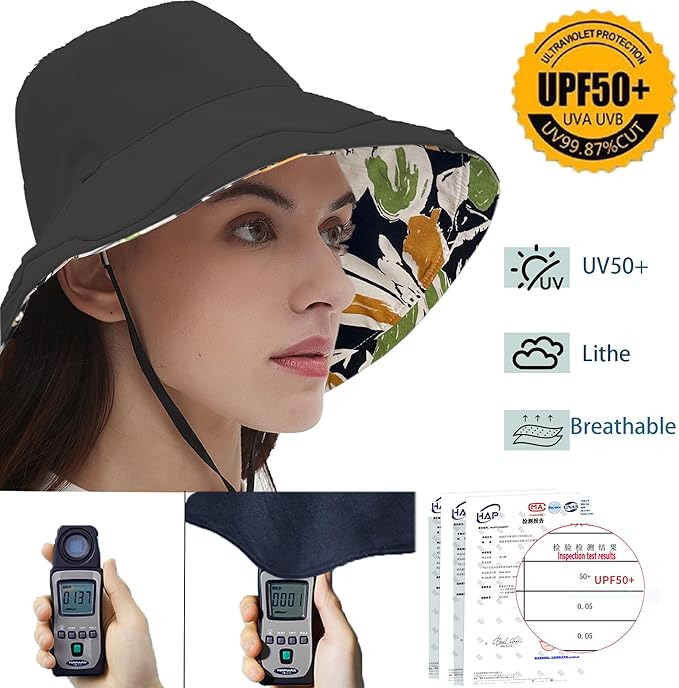 vidsel Womens Sun Hats Wide Brim Reversible Bucket Cotton Hat Packable Summer Travel Cap with Hat Clip,UV Protection