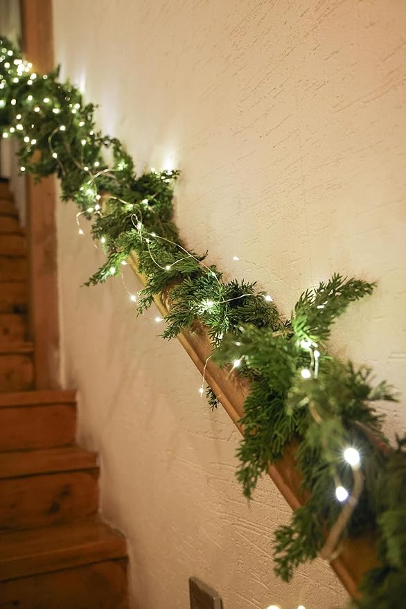 MISSPIN 9ft Christmas Garland with Lights, Real Touch Winter Cedar Pine Garland, Green Artificial Greenery Garland for Table, Mantle, Wall, Indoor, Outdoor Christmas Decorations