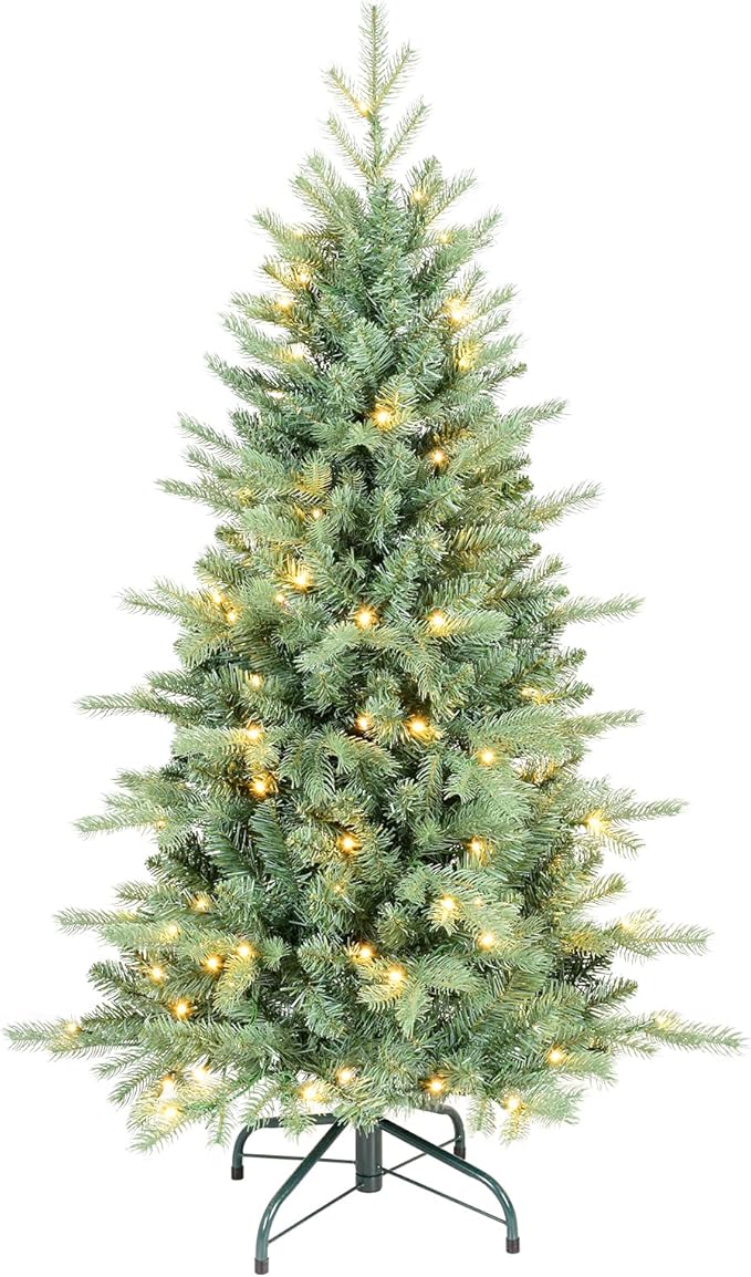 4 FT Prelit Artificial Skinny Christmas Tree,Blue Spruce Slim Pencil Xmas Tree with 566 PE&PVC Mixed Branch Tips and 130 UL Listed Clear Lights,Hinged Pine Tree with Metal Stand for Home Office Décor
