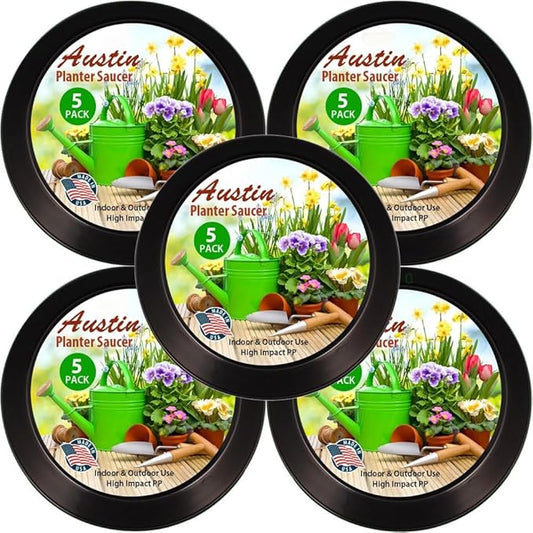 14 Inch (12.14 Inch Base) Case of 5 Plant Saucer - Black Polypropylene,Heavy Duty Indoor/Outdoor Tray and Drip Pan,Collects Flower Pot Excess Water Made in USA