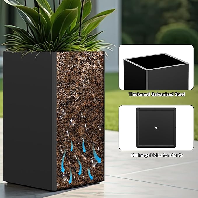 24" Tall Planter for Outdoor Plants, Modern Large Outdoor Galvanized Steel Flower Pots, Front Porch Decor, Garden Pots, Black Planters for Indoor/Outdoor, Patio, Balcony