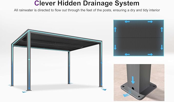 PURPLE LEAF Louvered Pergola 10' x 13' Outdoor Retractable Modern Hardtop Full Aluminum Pergola with Adjustable Rainproof Roof and 36 Clear LED String Lights for Patio Deck Backyard Slate Grey