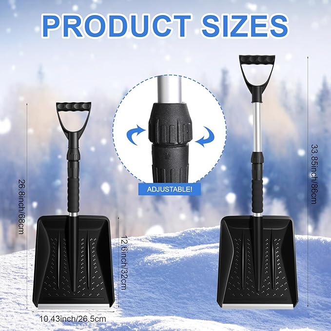 4 Pcs Kids Snow Shovels with D-Grip Handle, Adjustable Snow Shovels for Toddlers Boys Girls, Portable ＆ Lightweight Shovel for Garden, Camping, Driveway, Car, Outdoor Activities, Snow Removal (Black)