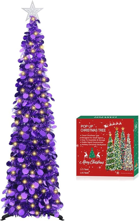 HMASYO 5 FT Pop Up Christmas Tree with Timer Lights, Purple Christmas Tinsel Tree, Collapsible Artificial Pencil Christmas Tree for Indoor Home Apartment Porch Holiday Party Decorations