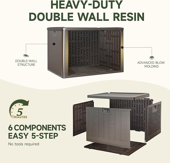 40 Gallon Deck Box, Double Layer Waterproof Resin Outdoor Indoor Storage Box, Lockable & UV Resistant Storage Bin for Patio Furniture, Garden Tools, Pool Accessories (Brown)