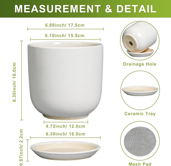Ceramic Pot for Plants 7 Inch - Modern Round Indoor Outdoor Planter with Drainage Hole and Saucer, Home House Office Room Decor, White