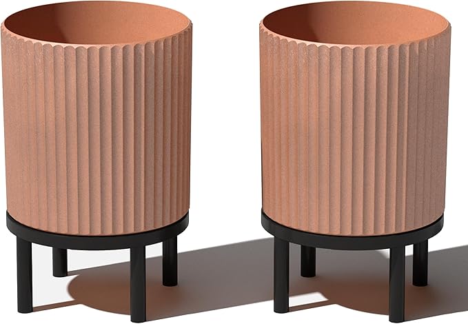 Veradek Demi Series Round Planter w/Stand for Porch/Patio | Durable Plastic-Stone Composite & Wooden Stand | Modern Décor for Tall Plants, Flowers