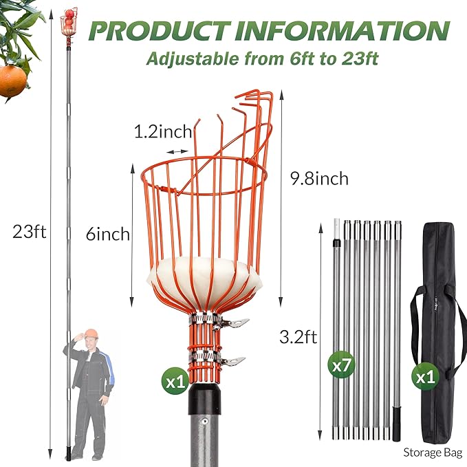 Walensee 23FT Fruit Picker, Adjustable Fruits Picker Tool with Fiberglass Pole, Big Basket and Storage Bag, Fruit Catcher Equipment Tree Picker for Lemons Apples Mango Orange Avocados Fruit Picking