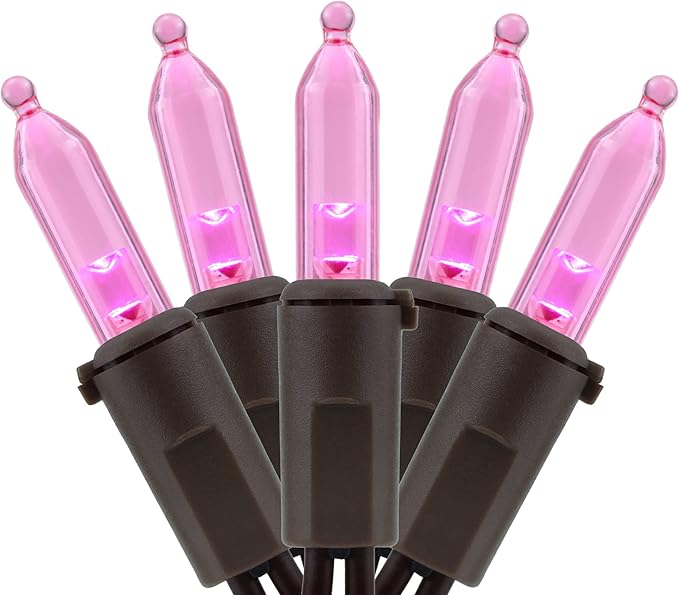 YULETIME 200 Pink LED Christmas Lights, 66 Feet Brown Wire UL Certified Commercial Grade Holiday String Light Set