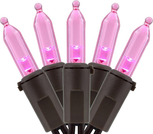 YULETIME 200 Pink LED Christmas Lights, 66 Feet Brown Wire UL Certified Commercial Grade Holiday String Light Set