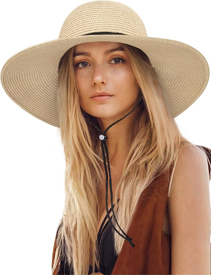Senker Fashion Sun Hats for Women, Wind Lanyard Wide Brim Straw Hat for Summer Beach Garden Vacation Foldable UPF 50+