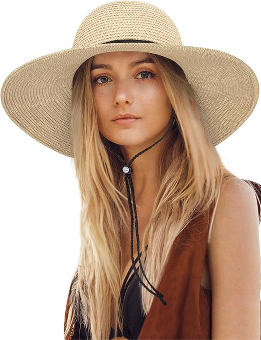 Senker Fashion Sun Hats for Women, Wind Lanyard Wide Brim Straw Hat for Summer Beach Garden Vacation Foldable UPF 50+