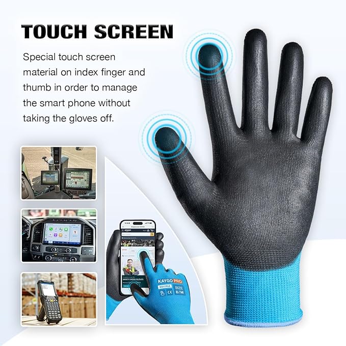 KAYGO Safety Work Gloves PU Coated for Men and Women- KG11P,60 Pairs,Seamless Knit Glove with Two Fingers Touchscreen,Ideal for General Duty Work (Blue,L)