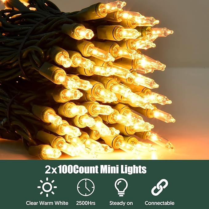 Christmas Lights Clear White 2 Pack Total 200 Count Incandescent Lights UL Certified Connectable Christmas Tree Lights with Green Wires for Indoor Outdoor Xmas, Wedding, Holiday, Home Decorations