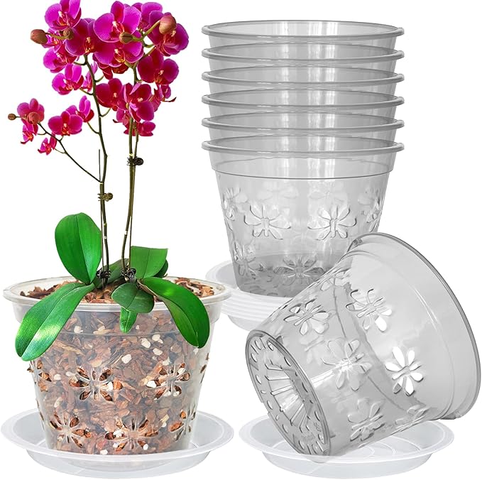 Orchid Pot, 8 Pack Orchid Pots with Holes & Saucers, Clear Plastic Pot for Repotting, Breathable Ventilation Planters for Phalaenopsis, Dendrobium & Oncidium Orchids(6 inch, Grey)