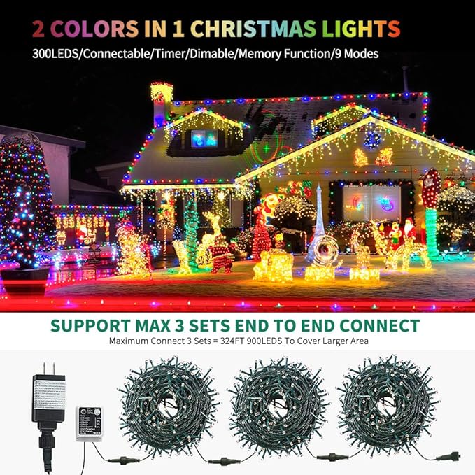 Color Changing Christmas String Lights Outdoor Indoor, 108FT 300 LED Warm White Multi Color Fairy Light, END to END CONNECTABLE, Waterproof Christmas Tree Lights with Timer Remote
