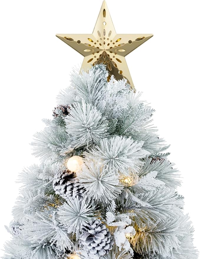 Darla 4.5ft Snow Flocked Rotating Christmas Tree with Star Projector, 22 Pine Cones, 308 Branch Tips, 130 Warm Lights and Rotating Base, 33" Wide Snowy Frosted Pine Christmas Tree with Lights
