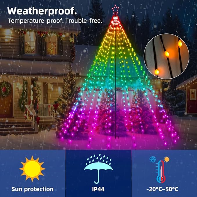 10ft Smart Outdoor Christmas Tree Lights,App&Remote Control Iron Pole Waterfall String Lights,DIY RGB Color Changing,Music Sync,Timer,Waterproof Star Tree Lights for Yard,Party,Holiday,Xmas Decor
