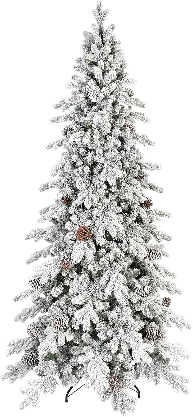 8 FT Snow Flocked Slim Fir Christmas Tree with 1634 PE & PVC Mixed Branch Tips,Unlit Artificial Skinny Pencil Xmas Tree with 44 Pine Cones,Hinged Premium Xmas Trees for Home,Office,Party Decoration