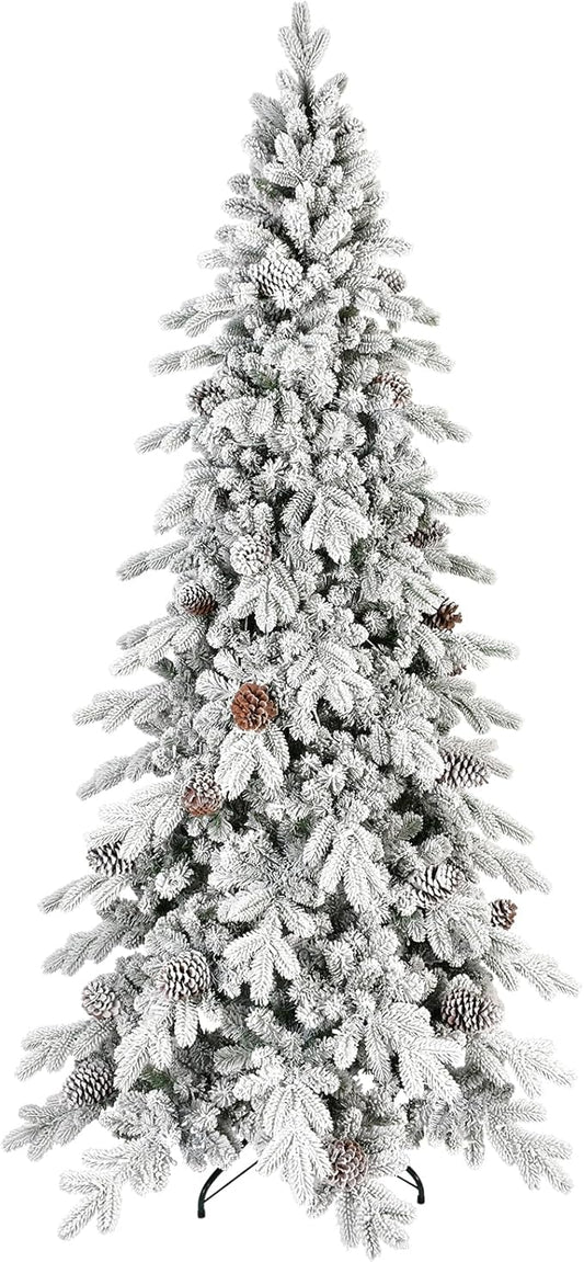 8 FT Snow Flocked Slim Fir Christmas Tree with 1634 PE & PVC Mixed Branch Tips,Unlit Artificial Skinny Pencil Xmas Tree with 44 Pine Cones,Hinged Premium Xmas Trees for Home,Office,Party Decoration