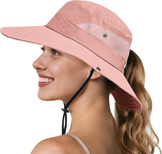 NPQQUAN Ponytail Sun Bucket Hats for Women Men Wide Brim UPF 50+ Fishing & Beach Hats