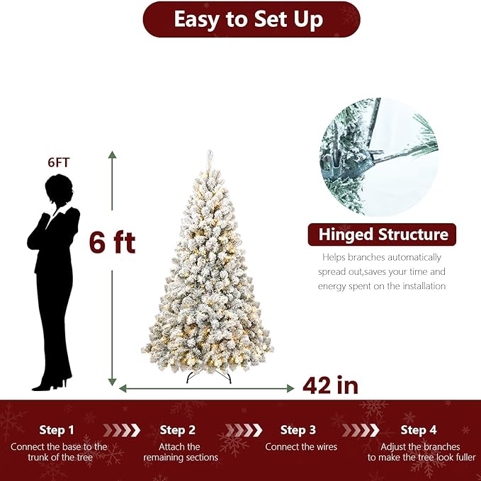 6ft Per-Lit Snow Flocked Christmas Tree, Artificial Christmas Tree with 300 Warm White Lights,779 Branch Tips, Premium Green Full Xmas Tree for Easy Holiday Setup, Foldable Metal Base