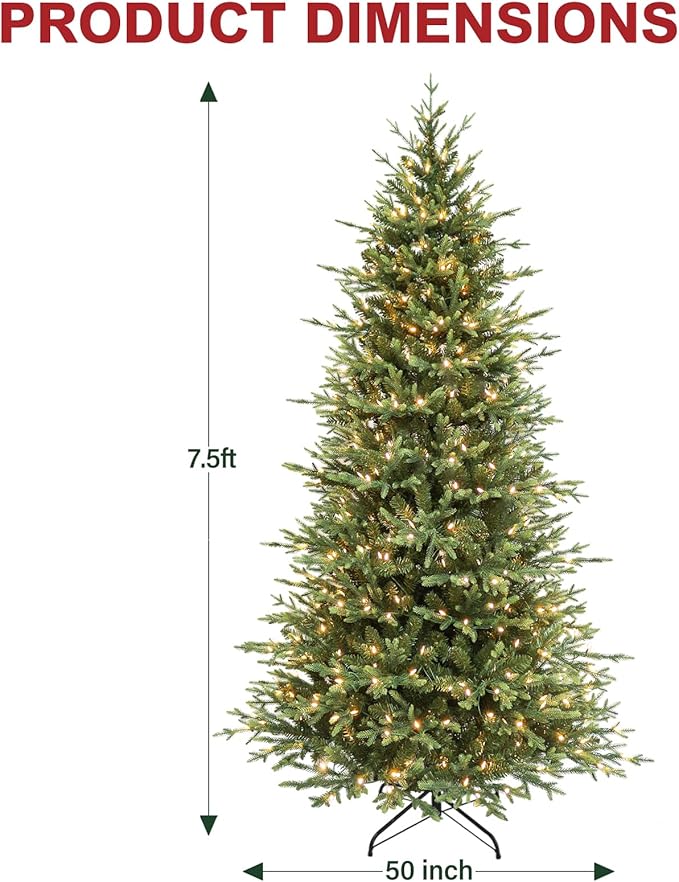 Hykolity 7.5 ft Prelit Artificial Christmas Tree, 2933 PE&PVC Branch Tips, 450 Warm White LED Lights, Metal Stand and Hinged Branches