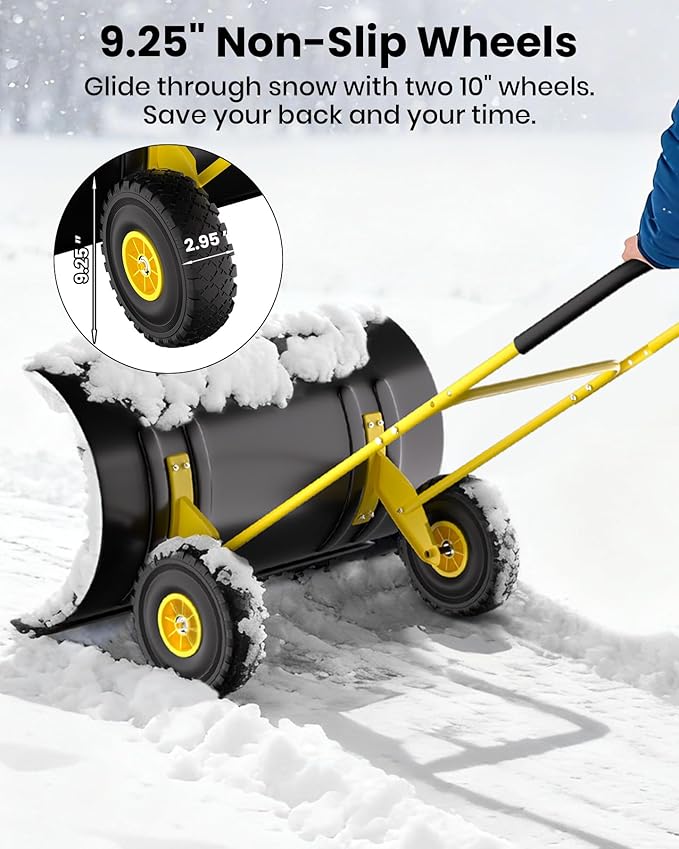 29" Snow Pusher Shovel with Wheels, Adjustable Ergonomic U-Handle Snow Plow for Driveway, Heavy Duty Wheeled Rolling Shovels for Driveway and Sidewalks with Angeled Blade