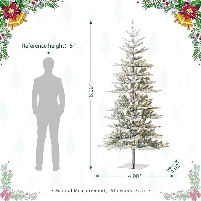 Glitzhome 8ft Deluxe Pre-Lit Flocked Artificial Christmas Tree, Majestic Frostfall Fir Hinged Holiday Xmas Tree with 450 Warm White Lights, Three Function, Easy Assembly