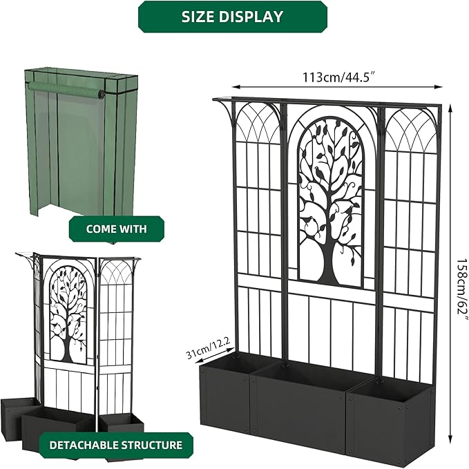 Metal Planter Box with Trellis and Cover, Raised Garden Bed with Trellis Privacy Screen, 62 inch Tall Planter Boxes for Climbing Plants, Flowers, Vegetables, Fruits, Balcony and Patio Decor (Black)