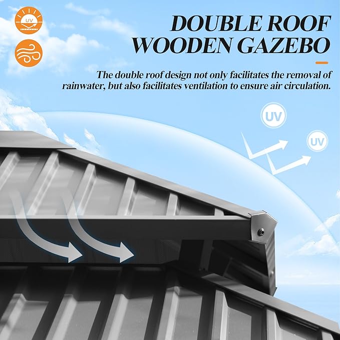 GARTOO 11’x13’ Outdoor Wooden Gazebo, Patio Galvanized Steel Wood Gazebo with Privacy Curtains and Netting, Vented Double Roof Hardtop Pavilion for Garden, Porch, Lawn, Poolside, Backyard, Deck