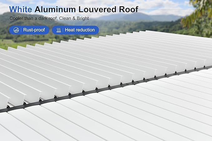 PURPLE LEAF Louvered Pergola 11' x 28' Aluminum Pergola with White Roof Four Independently Adjustable Hardtop Rainproof Louver for Patio Garden Backyard