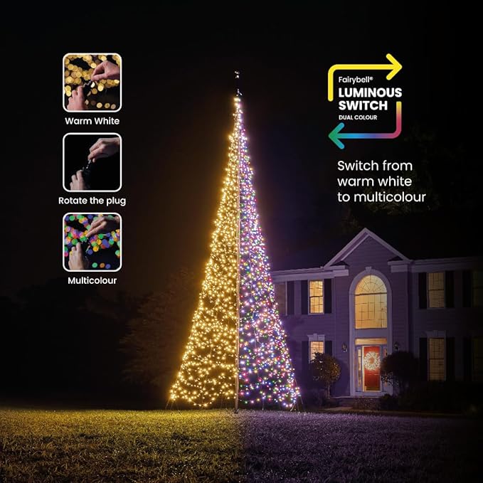 Fairybell - Flagpole LED Christmas Tree - Outdoor Christmas Decorations - Luminous Switch - 2,000LED Tree - 20ft - Suitable for Existing Flagpoles - Outdoor Lighting