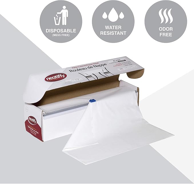 Neatiffy Disposable Plastic Table Cloth Roll | 54 in x 108 Ft Waterproof Tablecloth | Table Cover for Rectangle, Square, Round Oval Tables | Picnic, Party, Banquet, Birthdays, Weddings - White