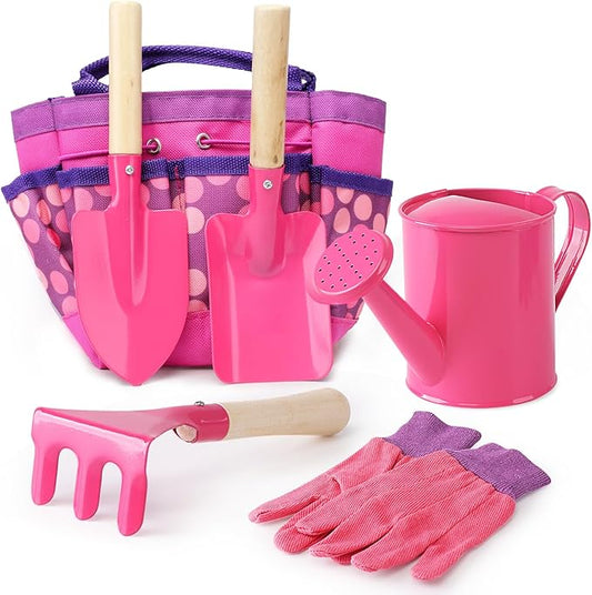 Kids Gardening Tools Set, Toddler Play Kit Child Outdoor Toy with Gloves, Watering Can, Metal Shovel, Rake, Spade & Storage Bag, Backyard Sand Digging Birthday for Boys Girls 3-5 (Pink)