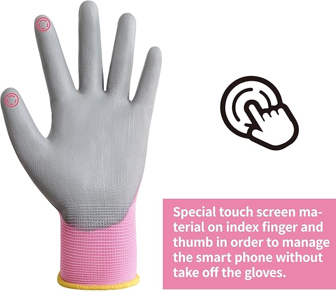 DULFINE Work Gloves for Men PU Coated 12 Pairs Bulk Pack,Pink Seamless Knit Glove with thin Polyurethane,Two Finger Touchscreen, for Men and Women, Ideal for Light Duty Work. (X-Small)