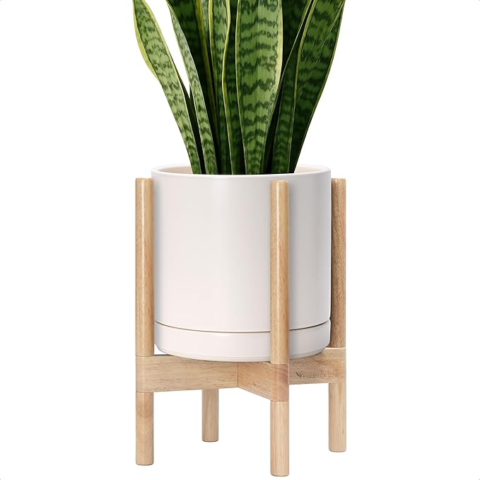 D'vine Dev Ceramic Planter with Natural Stand - 10 Inch Modern Round Flower Pot with Wood Planter Holder, Oatmeal, 55-B-K-8