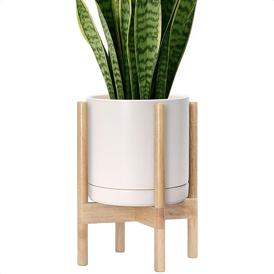 D'vine Dev Ceramic Planter with Natural Stand - 10 Inch Modern Round Flower Pot with Wood Planter Holder, Oatmeal, 55-B-K-8