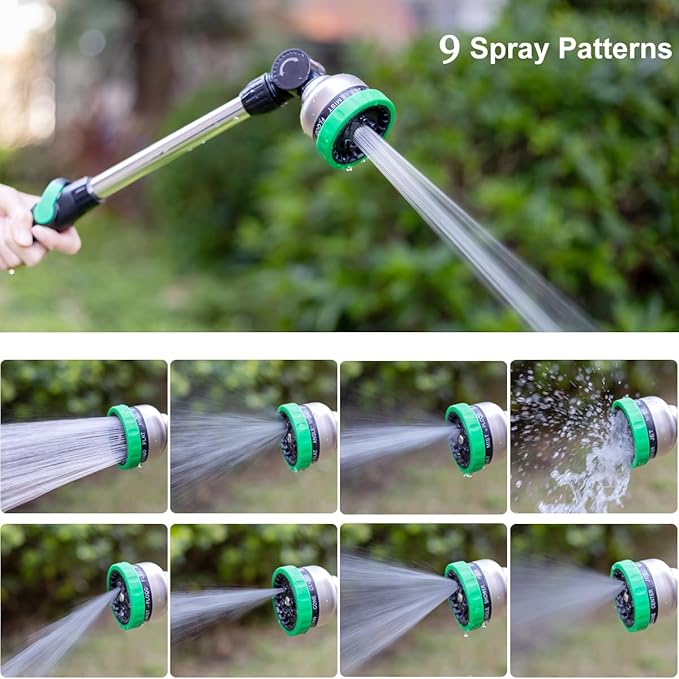 FANHAO Metal Garden Hose Wand, 16-Inch Heavy Duty Watering Wand with 9 Spray Patterns, 180° Rotating Long Garden Hose Nozzle Thumb Flow Control, Ideal to Water Hanging Baskets and Shrubs -Green