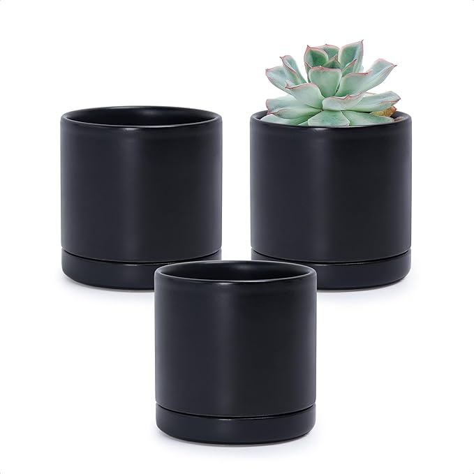 D'vine Dev Set of 3 Plants Pots, 3.5 Inch Ceramic Planter Pot for Plants with Drainage Hole and Saucer, Black, 94-N-A-2