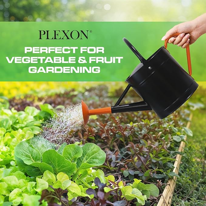 Plexon 1 Gallon Metal Watering Can Outdoor, Flower Plant Gardening Garden Large Watering Can Pot Pitcher, Steel Orange Handles and Removable Spray Spout, Black