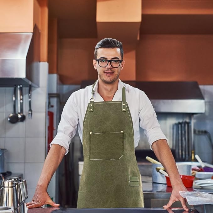 Varku No-Tie Canvas Work Apron, Adjustable Work Apron with Front Pocket, Wear Resistant Fabric, Convenient Buckles, Easy to Put on & Take off, Apron for DIY, Gardening, Cooking, Crafting