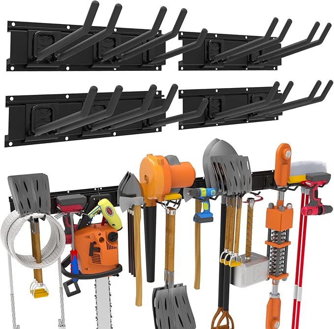 Wall-Mounted Garage Tool Organizer: 64 Inch Heavy-Duty Garden Rack & Wall Storage System - 4 Rails 10 Non-Slip Hooks for Folding Chairs, Ladders & DIY Tools