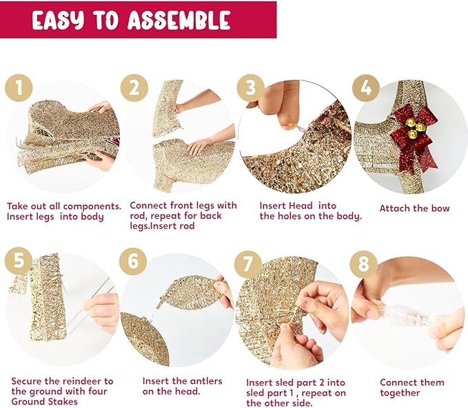 Outdoor Christmas Reindeer with Lights, 4ft Tall Set of 3 Deer with 240 LEDs, Ground Stakes, Perfect as Vintage Christmas Home Decor for Patio, Lawn, and Outdoor Party Decorations, Gold