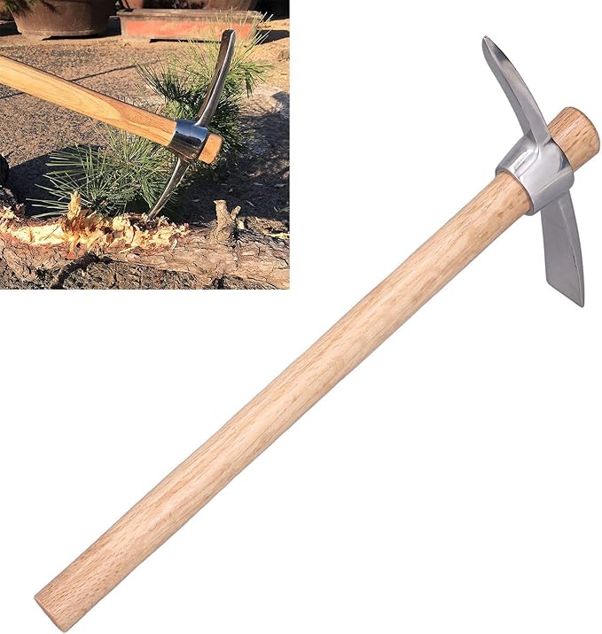 Pick Axe, Stainless Steel Rock Pick Pickaxes Mattock Hoe with Wooden Handle Pick Axe Hand Tool for Transplanting Planting Loosening Soil Prospecting