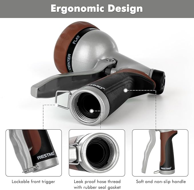 RESTMO Garden Hose Nozzle, Heavy Duty Metal Water Hose Nozzle with 7 Adjustable Spray Patterns, High Pressure Hand Sprayer with Flow Control, Best for Watering Plant & Lawn, Washing Car & Pet, Brown